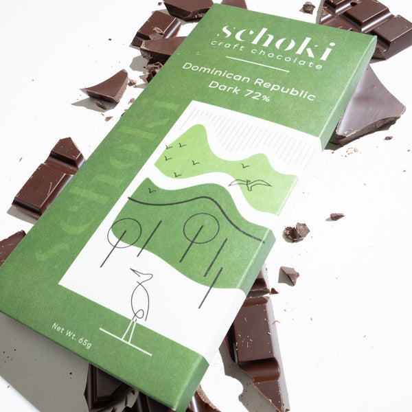 Schoki Chocolate, Dominican Republic, Single Origin 72%. Green packaging with chocolate bar. Ethical bean to bar chocolate handcrafted in Squamish, B.C. 