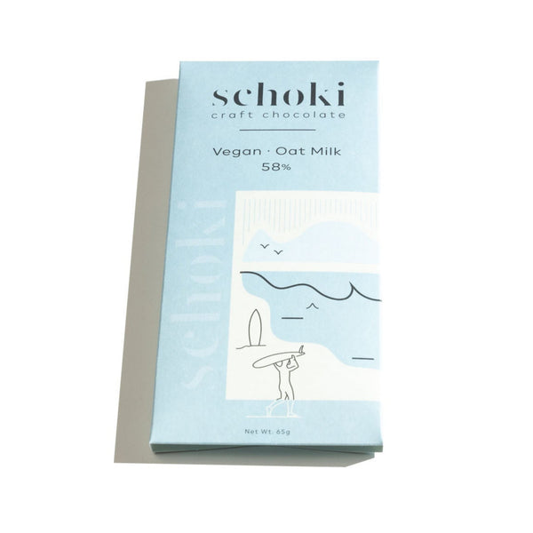Schoki Chocolate, Oat Milk 58%. Light blue packaging. Ethical bean to bar chocolate handcrafted in Squamish, B.C. 