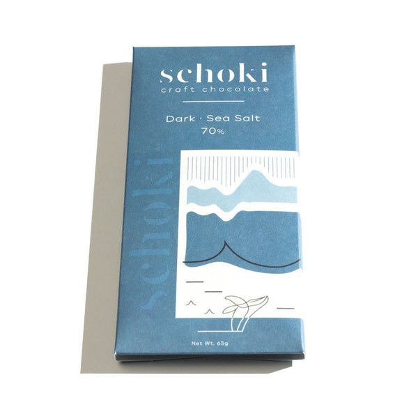 Schoki Chocolate, Dark Sea Salt 70%. Blue packaging. Ethical bean to bar chocolate handcrafted in Squamish, B.C.