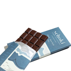 Schoki Chocolate, Dark Sea Salt 70%. Blue packaging with chocolate bar. Ethical bean to bar chocolate handcrafted in Squamish, B.C.