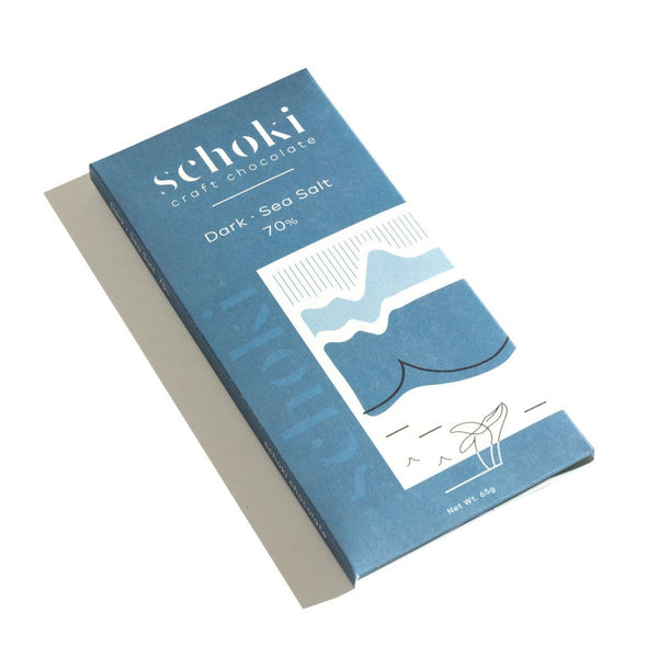Schoki Chocolate, Dark Sea Salt 70%. Blue packaging. Ethical bean to bar chocolate handcrafted in Squamish, B.C.