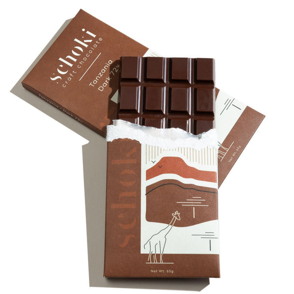 Schoki Chocolate, Tanzania, Single Origin 72%. Rust brown packaging with chocolate bar. Ethical bean to bar chocolate handcrafted in Squamish, B.C. 